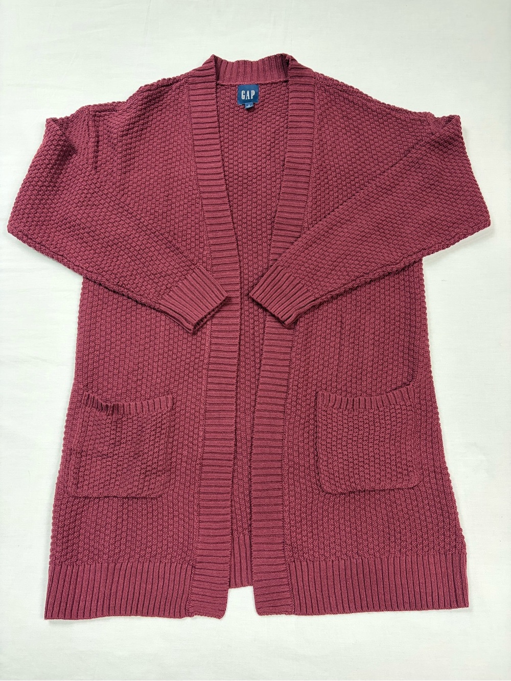 Gap Open Front Cardigan Sweater Small Burgundy Waffle Knit Long Sleeve Pockets - Picture 7 of 13